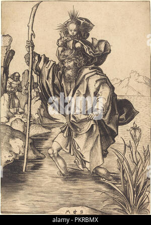 Saint Christopher. Dated: c. 1475/1480. Dimensions: sheet (trimmed to plate mark): 15.9 x 11.3 cm (6 1/4 x 4 7/16 in.). Medium: engraving on laid paper. Museum: National Gallery of Art, Washington DC. Author: Martin Schongauer. Stock Photo