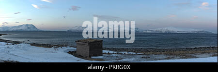 View of the Ullsfjorden and the Lyngen Alps, Lyngen, Tromsoe. Stock Photo