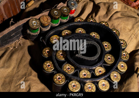 Hunting ammunition in leather bandolier . Stock Photo