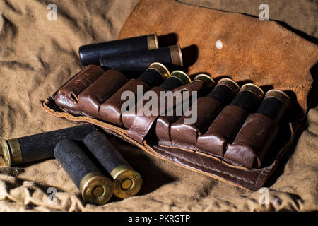 Hunting ammunition in leather bandolier . Stock Photo