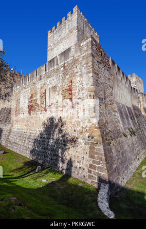 Lisbon, Portugal - February 01, 2017: Castelo de Sao Jorge aka Saint George Castle. Castelejo aka keep with the moat, watchtowers, battlements, rampar Stock Photo