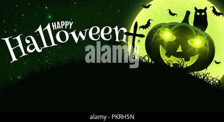 Scary Halloween pumpkin. Cemetery, spiders on a cobweb and an owl on a background of a green glowing moon. Cover for your project. Vector illustration Stock Vector
