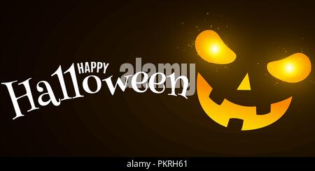 Scary Halloween face. Glowing eyes with flying magical dust. White text. Cartoon scary face on a black background. Cover for your project. Vector illu Stock Vector