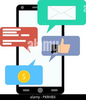 Notification on smartphone, like, salary, message. Notification messenger with coin and thumb up. Vector illustration Stock Vector