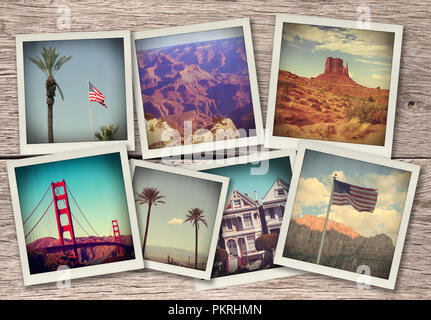 Images from western USA - collage on wood background made like instant photos from old camera Stock Photo