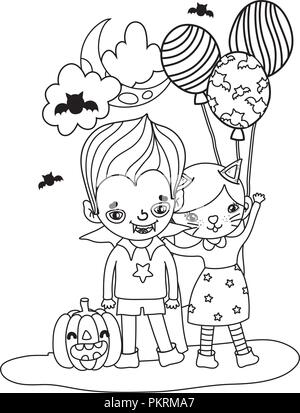 outline girl and boy costumes with balloons and pumpkin Stock Vector