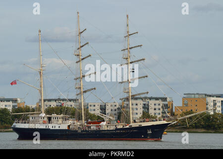 Sail training ship Tenacious operated by the Jubilee Sailing Trust seen heading up the River Thames to London Stock Photo