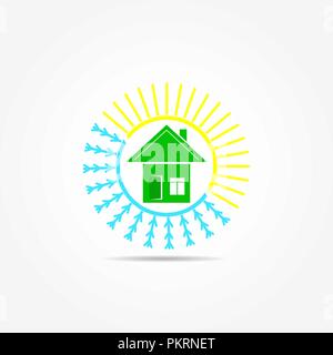 Flat logo with a picture of a house, snowflakes and suns Stock Vector