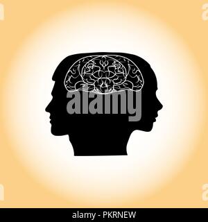 Black silhouettes of male and female faces and the image of the common brain Stock Vector