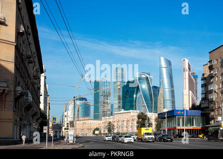 View of Dorogomilovskaya street and modern high-rise buildings of Moscow International Business Centre (MIBC). Moscow, Russia. Stock Photo