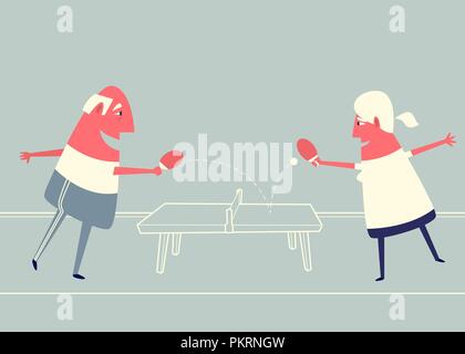 Cartoon elderly couple playing ping pong. Stock Vector