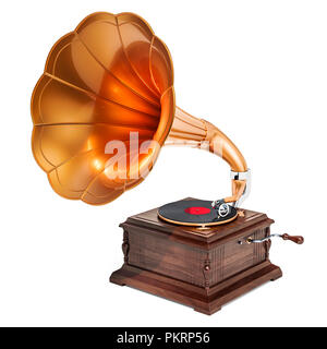 Retro phonograph, vintage gramophone. 3D rendering isolated on white background Stock Photo