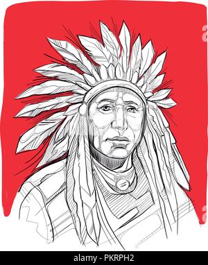 Hand drawn vector digital illustration or drawing of a native american man portrait Stock Vector