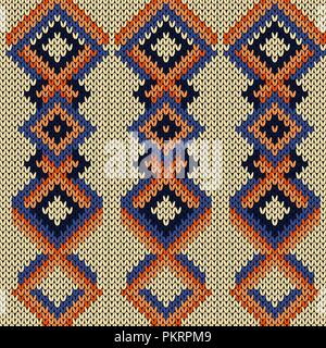 Knitted seamless pattern with variety of interlacing lines in orange and blue hues on the beige background, vector as a fabric texture Stock Vector