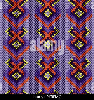 Contrast knit seamless pattern with interwoven lines in purple, orange and yellow hues, vector as a fabric texture Stock Vector