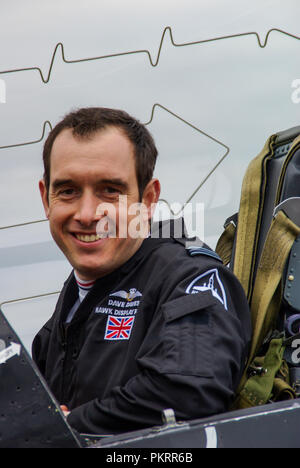 Pilot Dave Davies, Royal Air Force BAe Hawk solo display pilot in cockpit of jet plane. Canopy explosive cord for emergency ejection seat Stock Photo