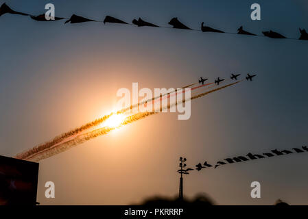 Izmir, Turkey - September 9, 2018. Solo Turk performs an Air Show over Izmir Sky on the day of Independence Izmir. Stock Photo