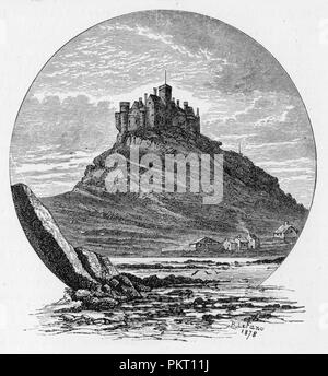 St Michael's Mount (Cornish: Karrek Loos yn Koos), a tidal island 366 metres off the Mount's Bay coast of Cornwall, England, United Kingdom; engraving from Selections from the Journal of John Wesley, 1891 Stock Photo