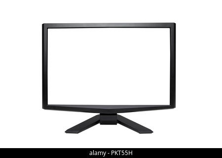 Black LCD computer or TV monitor with blank white screen isolated on white background. Stock Photo