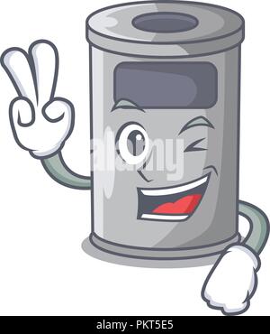 Two finger cartoon steel trash can in the door Stock Vector