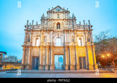 Ruins of St. Paul's at night in Macao, China.
