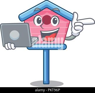 With laptop cartoon little bird house in spring Stock Vector