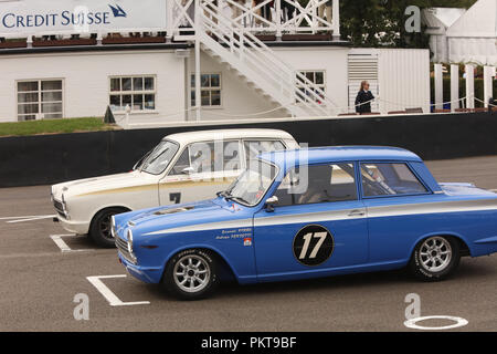 September 2018 - Classic mark 1 Ford Cortina on the start line grid at the Goodwood Revival weekend Stock Photo