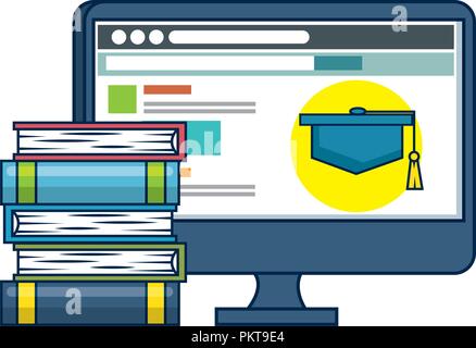 pile text books with computer Stock Vector