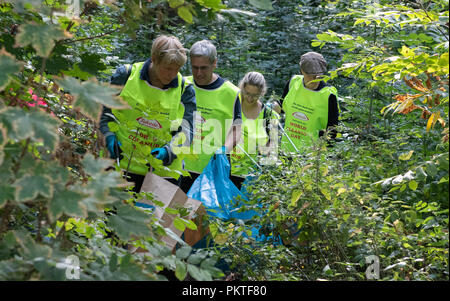 15 September 2018, Berlin: Participants of 'World Cleanup Day' collect garbage in the Plänterwald. Numerous people followed the call of Net Impact, a worldwide association of students and experts who want to promote positive change. Starting this morning, they cleaned Treptower Park and the Plänterwald with garbage bags and tongs. Millions of people around the world clean roads, parks, beaches, forests and river banks as part of the environmental movement. Photo: Paul Zinken/dpa Stock Photo