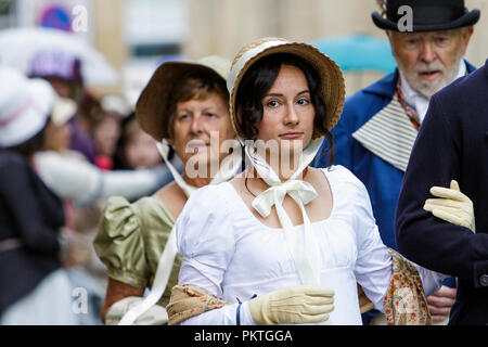 Bath, UK. 15th Sep, 2018. Jane Austen fans are pictured taking part in the world famous Grand Regency Costumed Promenade. The Promenade, part of the Jane Austen Festival is a procession through the streets of Bath and the participants who come from all over the world dress in 18th Century costume. Credit:  Lynchpics/Alamy Live News Stock Photo