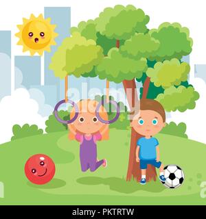 little kids couple playing on the park Stock Vector