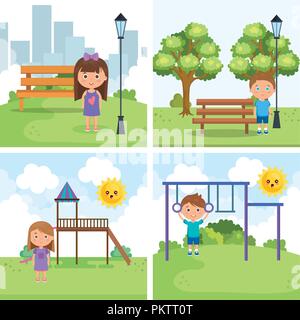 little kids group playing on the park Stock Vector