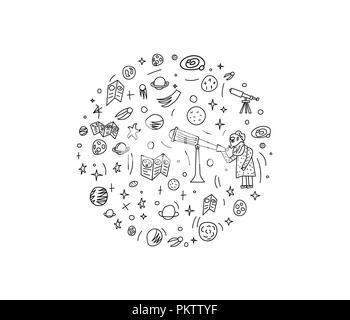 Vector design of astronomer and astronomic objects. Stock Vector