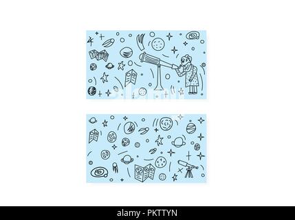 Vector set design of astronomer and astronomic objects. Stock Vector