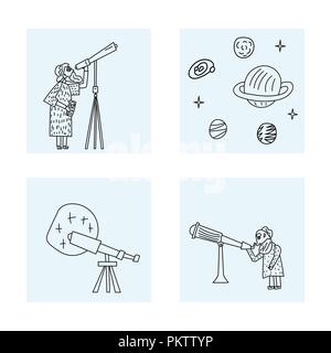 Vector square set design of astronomer and astronomic objects. Stock Vector