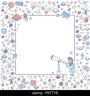 Vector design of astronomer and astronomic objects. Frame composition with empty space for text. Stock Vector