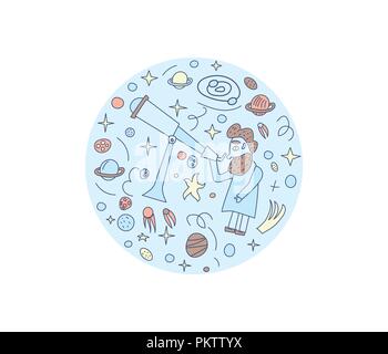 Vector round design of astronomer and astronomic objects. Stock Vector