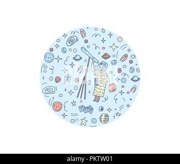 Vector round design composition of astronomer and astronomic objects. Stock Vector
