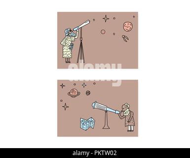 Vector design of astronomer and astronomic objects cards. Stock Vector