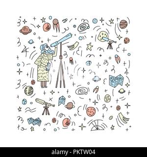 Vector design of astronomer and astronomic objects. Stock Vector