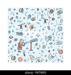 Vector design of astronomer and astronomic objects. Stock Vector