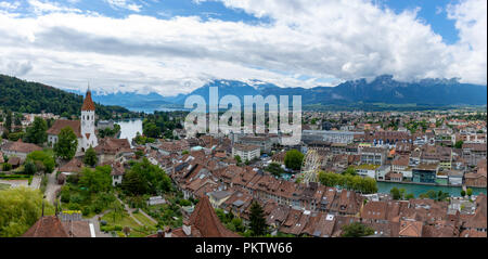 A panoramic shot of Thun, Switzerland looking out from a castle on the top of a hill. Stock Photo