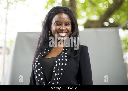 June Sarpong poses on a backdrop at Edinburgh's annual Book Festival in Charlotte Square.  Featuring: June Sarpong Where: Edinburgh, United Kingdom When: 15 Aug 2018 Credit: Euan Cherry/WENN Stock Photo