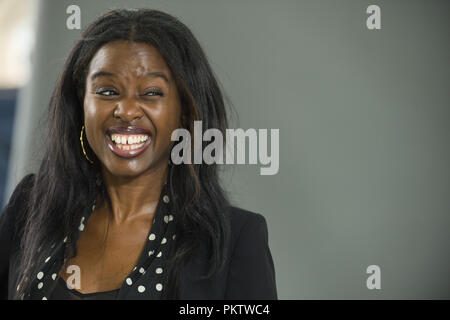 June Sarpong poses on a backdrop at Edinburgh's annual Book Festival in Charlotte Square.  Featuring: June Sarpong Where: Edinburgh, United Kingdom When: 15 Aug 2018 Credit: Euan Cherry/WENN Stock Photo