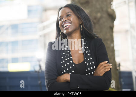 June Sarpong poses on a backdrop at Edinburgh's annual Book Festival in Charlotte Square.  Featuring: June Sarpong Where: Edinburgh, United Kingdom When: 15 Aug 2018 Credit: Euan Cherry/WENN Stock Photo