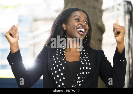 June Sarpong poses on a backdrop at Edinburgh's annual Book Festival in Charlotte Square.  Featuring: June Sarpong Where: Edinburgh, United Kingdom When: 15 Aug 2018 Credit: Euan Cherry/WENN Stock Photo