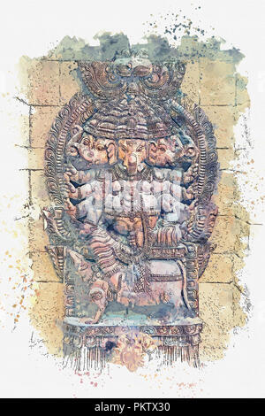 illustration God Ganesha is an elephant fulfilling desires. Hindu deity. Watercolor sketch Stock Photo