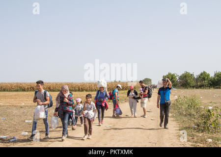 TOVARNIK, CROATIA - SEPTEMBER 19, 2015: Refugees walking through the fields near the Croatia Serbia border, between the cities of Sid Tovarnik on the  Stock Photo