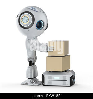 3d rendering warehouse robot carry cardboard box Stock Photo