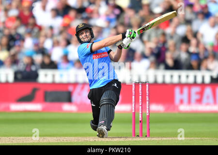 Sussex Sharks' Luke Wright hits a six during the Vitality T20 Blast Semi Final match on Finals Day at Edgbaston, Birmingham. Stock Photo